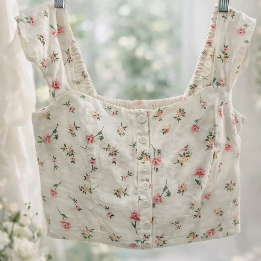 Joie Linen Floral Crop Top NWOT Smocked Pink Roses Cottagecore M